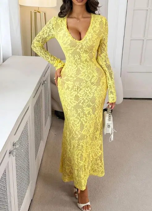 

Autumn New Solid Color Deep V-Neck Lace Patchwork Long Sleeved Fishtail Skirt for Women, Elegant and Sexy Hip Hugging Dress