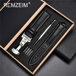 REMZEIM-Pulseiras de couro de bezerro, fecho automático, acessórios para relógios com caixa, 18mm, 20mm, 22mm, bracelete 24mm