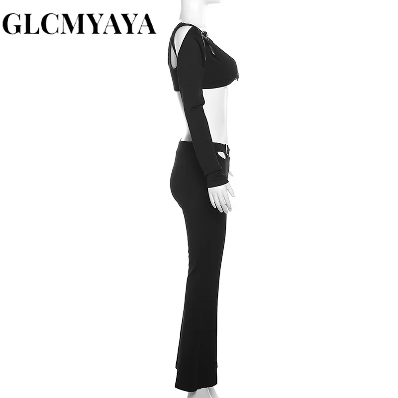 GLCMYAYA Women Casual Long Sleeve Backless Spliced Crop Tops Pant Sets 2023 Solid Belt High Waist Slim Flare Pants 2 Piece Set