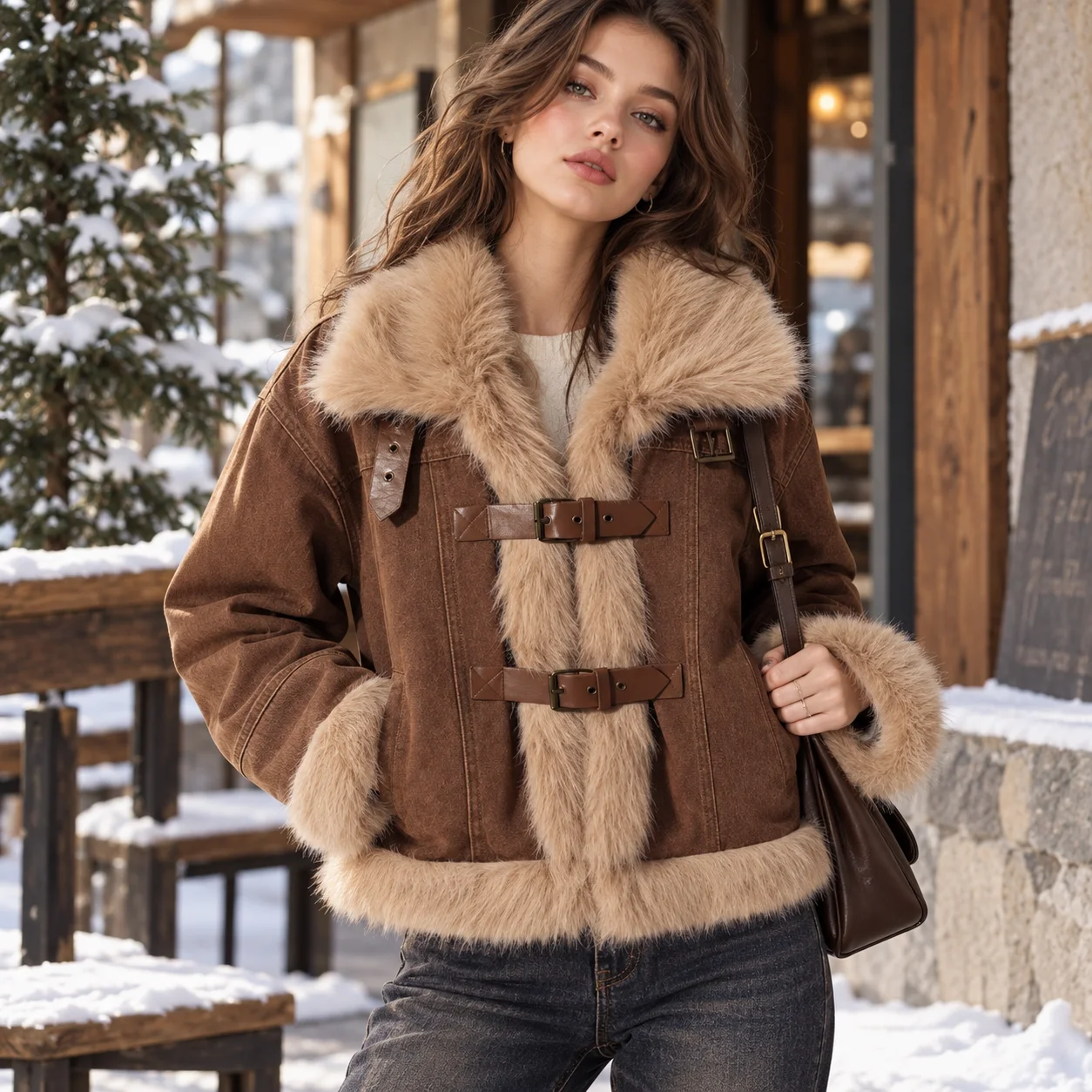 Women Denim Jacket Faux Fur Collar Warm Thick Short Coat Autumn Winter Korean Vintage Brown Long Sleeve Jean Outerwear