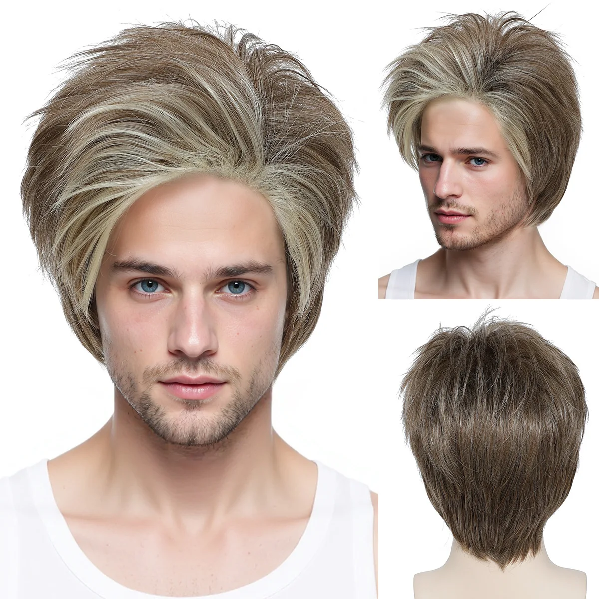 New Foreign Trade Men's Wigs - Brown-Gold Split Short Straight Fashion Synthetic Hair Wig Cap-Synthetic Fiber Wig