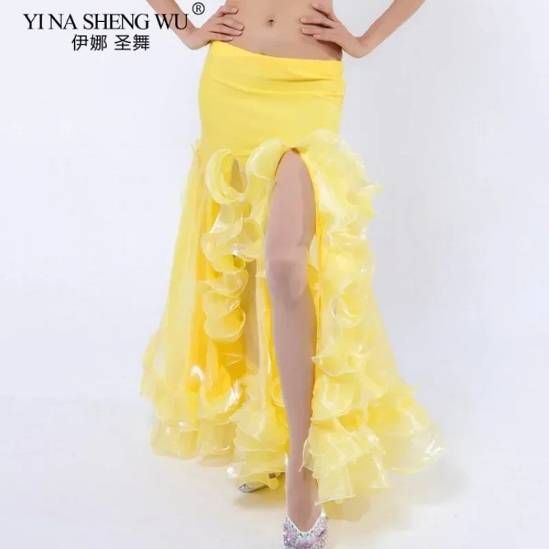 Women Belly Dance Performance Wrap Skirt Oriental Long Side Split Ruffle Skirt For Adult Dancing Training Stage Dancewear
