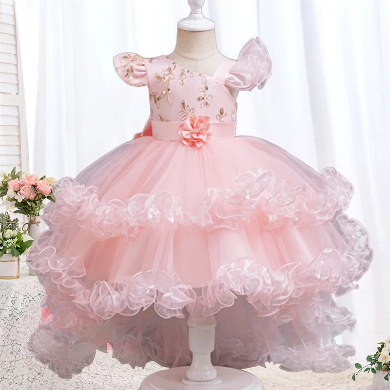 Elegant girl chiffon Christmas party dress embroidered one shoulder cake puffy dress 2024 new girl trailing wedding dress