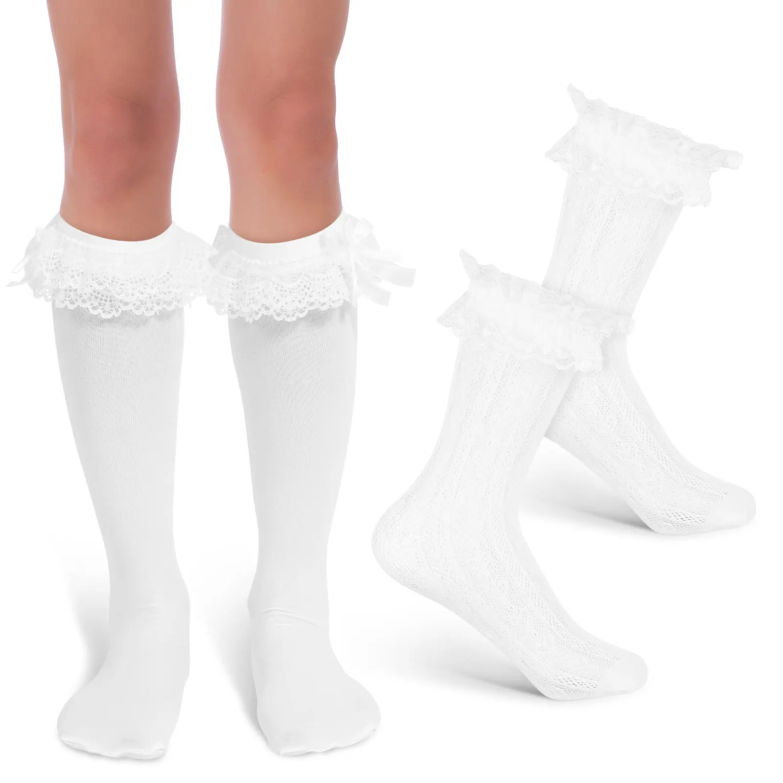 

Long White Bow Elegant Lace Stockings High Elasticity Frilly Ruffle Socks Women Cute Detail Dirndl Outfit Sport Socks Pair