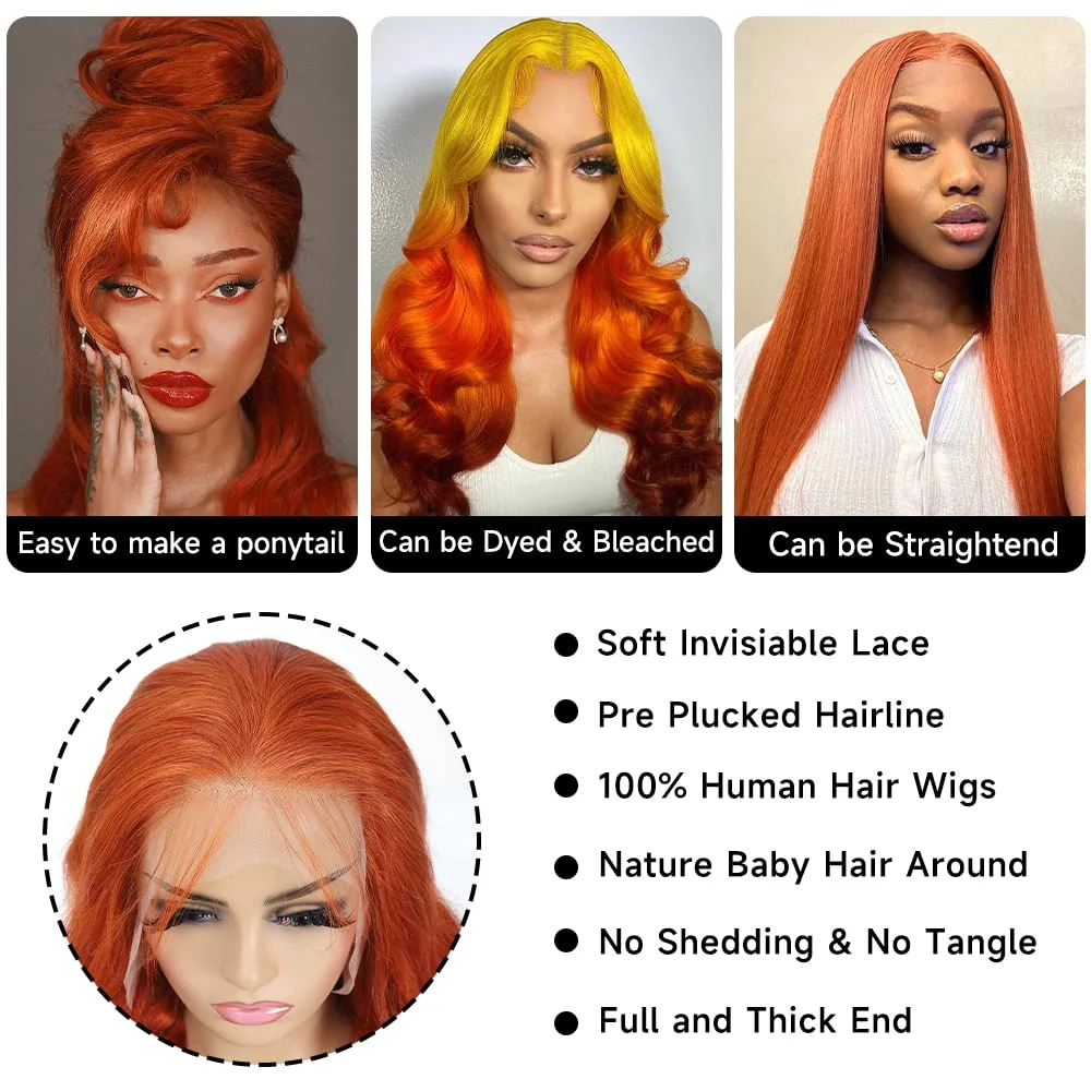 250% Body Wave Ginger Lace Front Wig 100% Human Hair 13x6 Hd Lace Frontal 30 34Inch Colored Chocolate Red Wigs On Clearance Sale