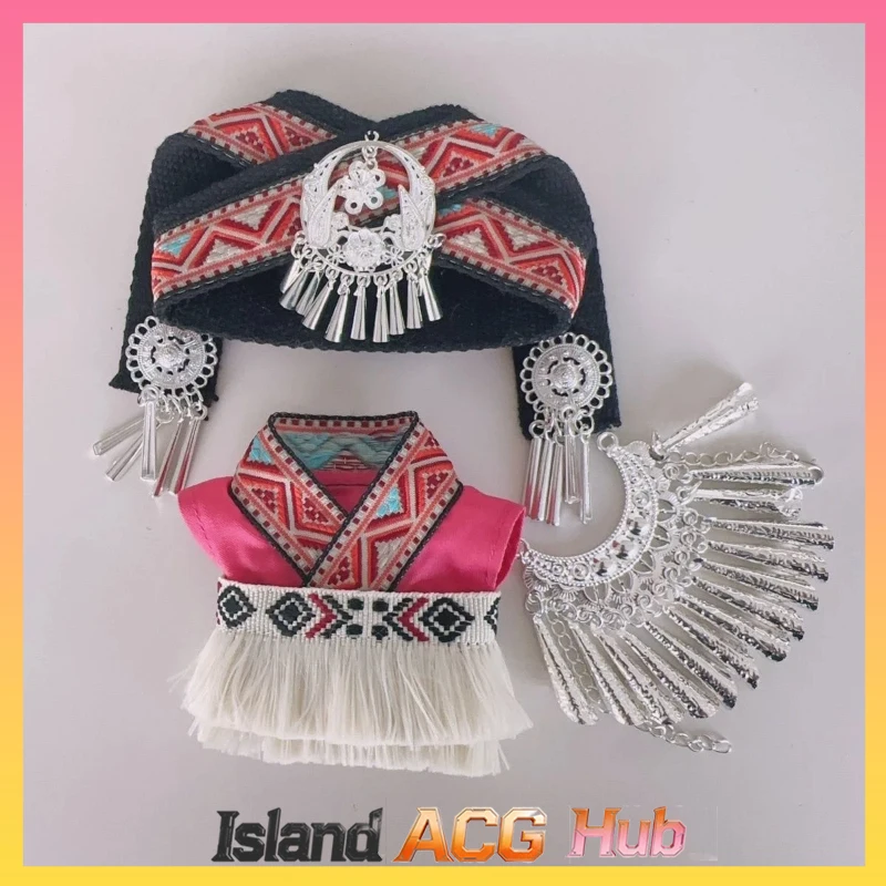 

Традиционный этнический костюм народности Мяо с серебряным головным убором для куклы Лабубу 17 см, винтажный народный костюм, набор аксессуаров для кукол DIY