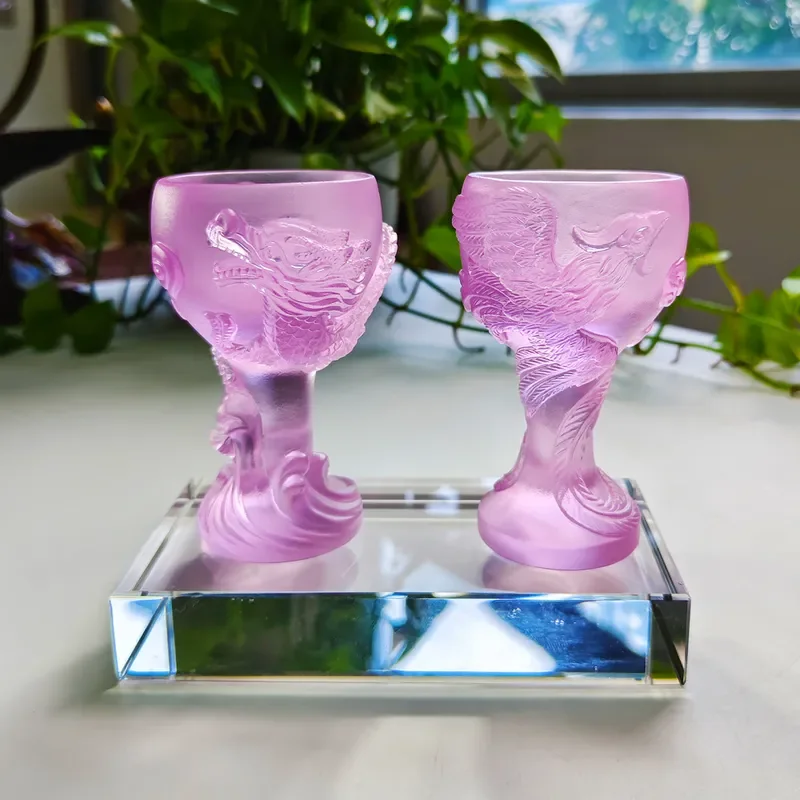 Vintage Glazed Dragon Phoenix Wine Cup Traditional Chinese Ceramic Goblet Handmade Decorative Ornament for Home Bar Wedding