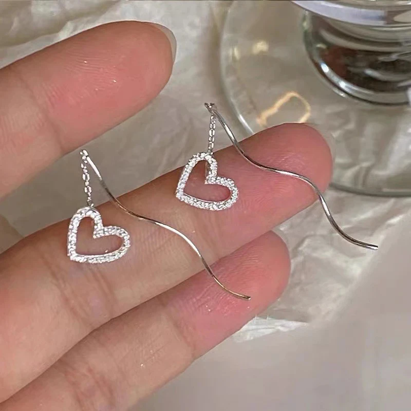 2024 New Fashion Long Tassel Zircon Love Drop Earrings For Women Sparkling Ear Line Earrings Jewelry Party Gifts
