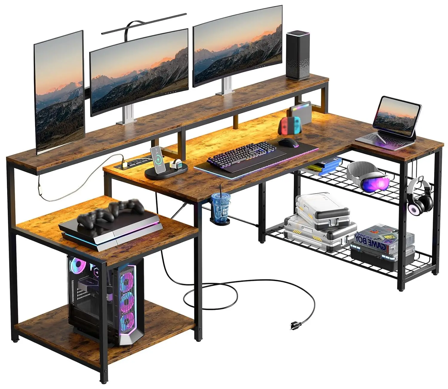 71.5 inch Computer Desk with Power Outlets, L Shaped LED Home Office Desk with Long Monitor Stand, Large Corner, Customized
