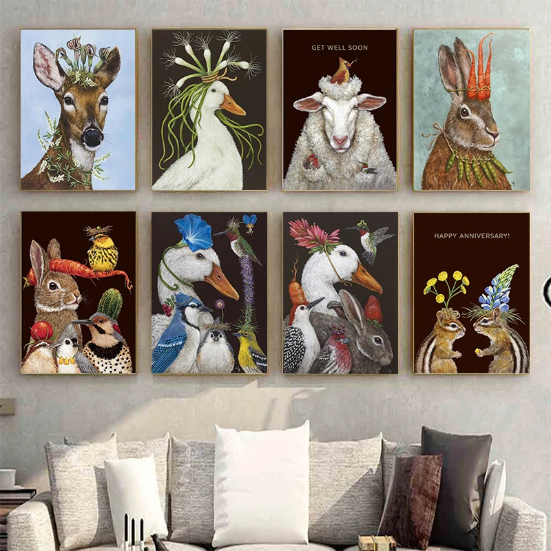(No frame)1pcsDuck Rabbit Bird and Sheep Canvas Painting Wall Art Pictures Animal Poster Print Drawing For Living Room Home D