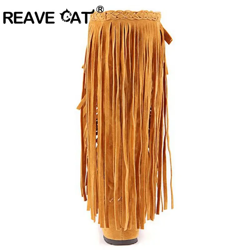 REAVE CAT Fashion Nation Flock Leather Women Fringe Flat Heels Long Boots Spring Autumn Tassel Knee High Boots