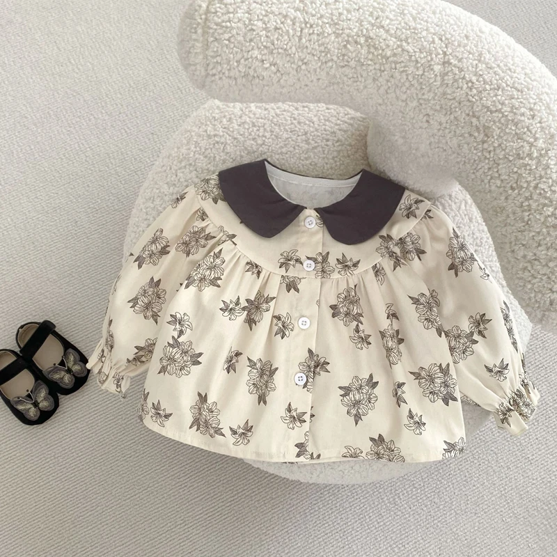 Autumn new baby clothing, 0-3 year old female baby, flower print long sleeved top+bread pants two-piece set