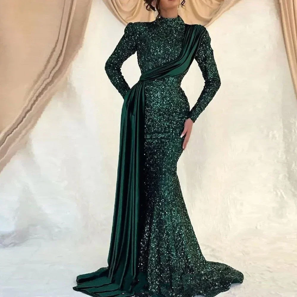 Flavinke Dark Green Sequin Muslim Evening Dresses High Neck Long Sleeves Formal Women Party Prom Gowns Robe De Soiree Festa