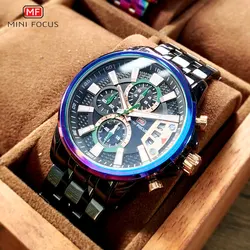 MINI FOCUS Chronograph Quartz Watch for Men with Stainless Steel Bracelet Luxury Sport Analog Wristwatch with Date Black Purple