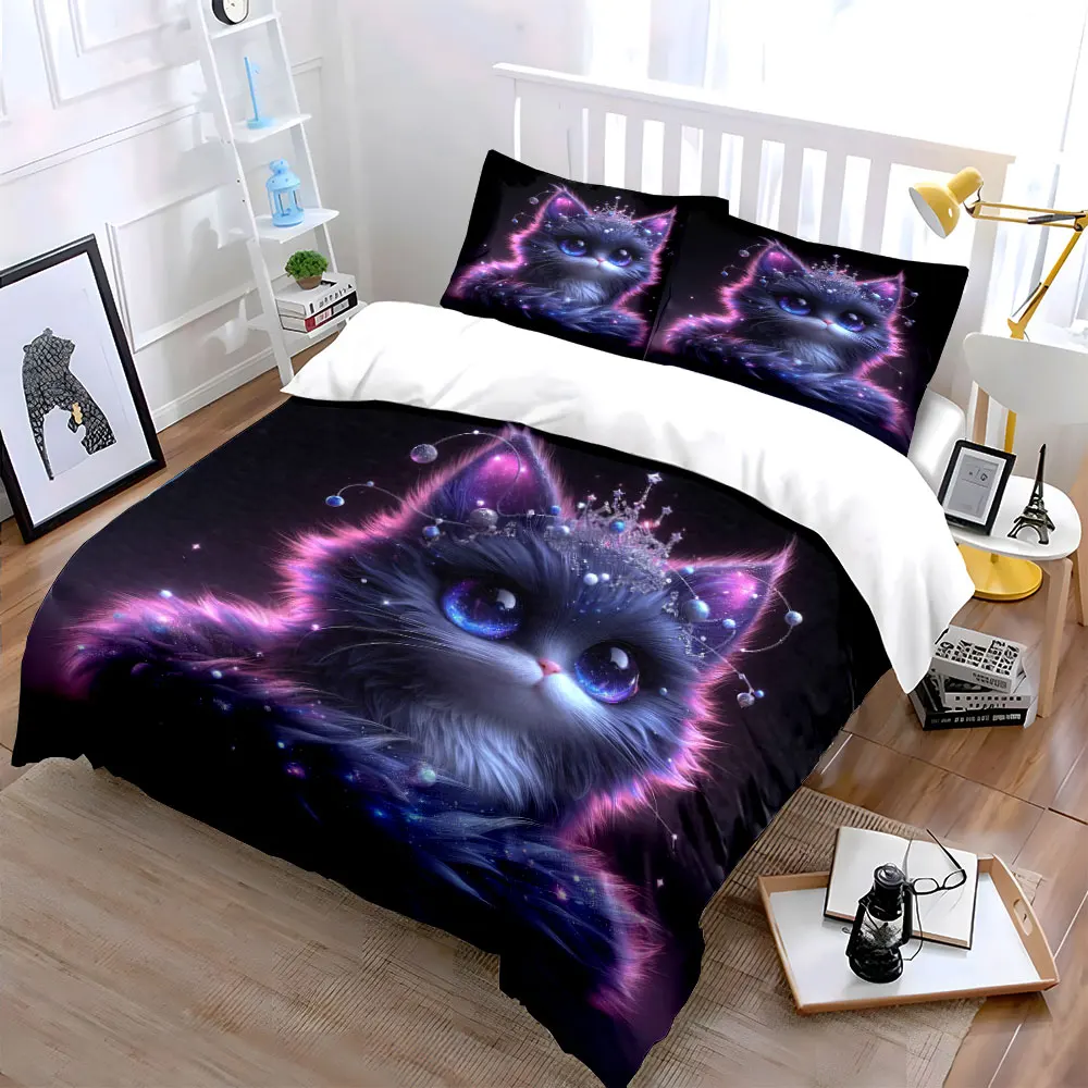 Fantasy Purple Cat Ears with Crown Duvet Cover Set with 3D Printing Design Soft Polyester Bedding Set All-Season Comfort