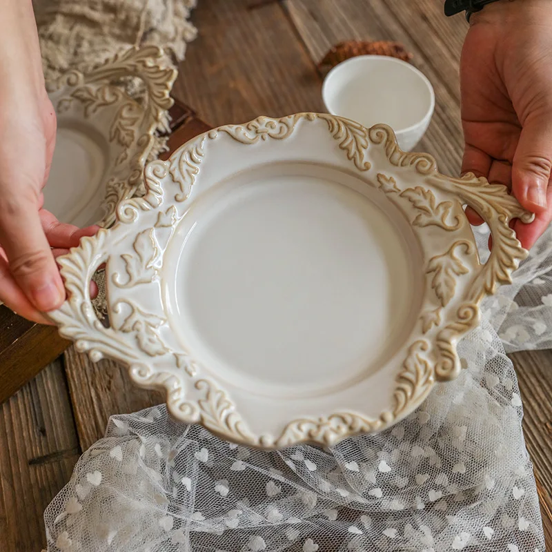 

French Retro Relief Plate Ceramic Spaghetti Plate Binaural Dessert Western Food Plate Light Luxury Tableware