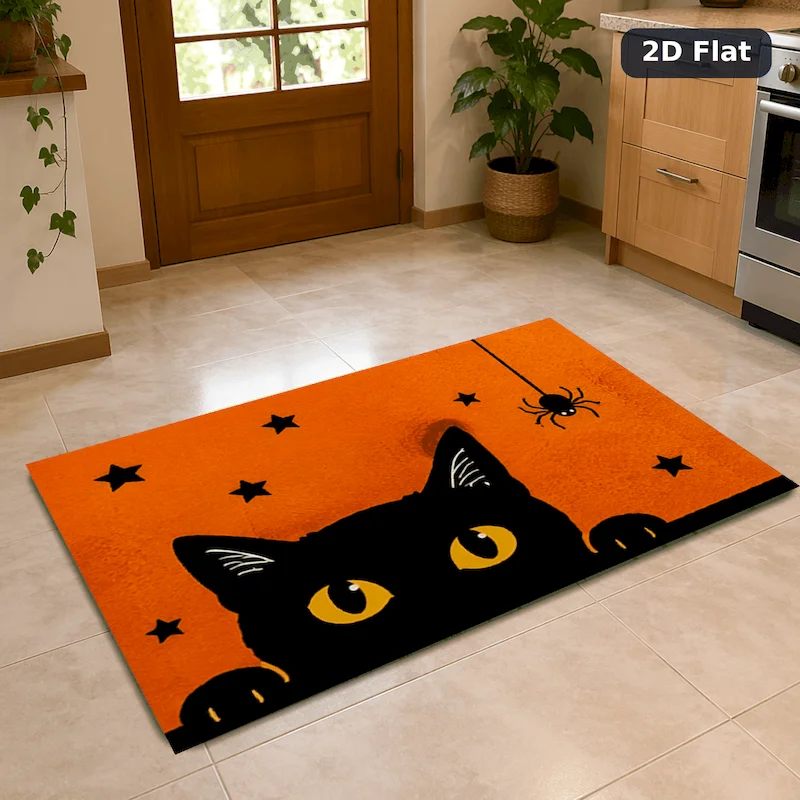 VIKAMA Halloween peeping black cat carpet entrance strange carpet orange star spider print floor mat home decoration