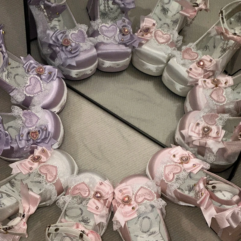 

Japanese Sweet and Cute Lolita Bow Love Original Thick Heel Women Lo Shoes Waterproof Table Imported Ribbon High Heels Female