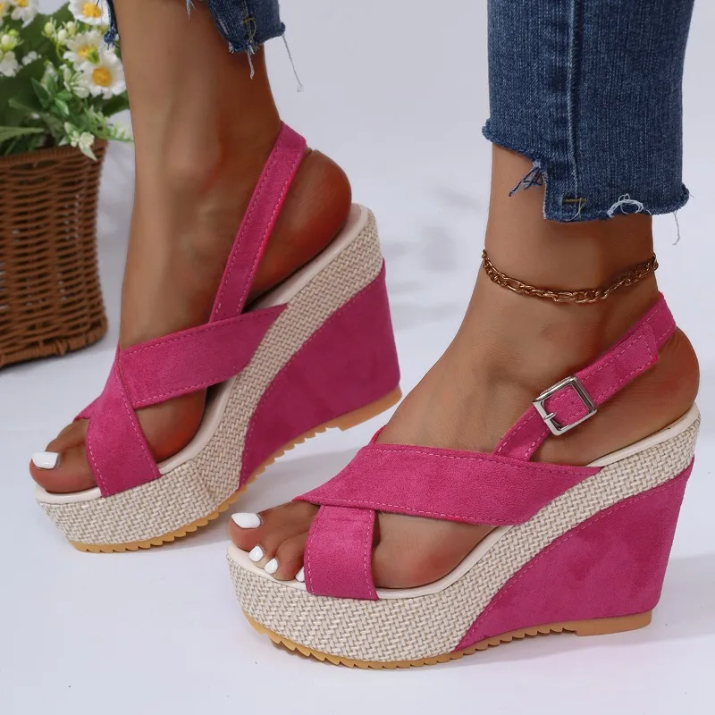 Wedge Sandals for Women 2024 New Pin Buckle Design Women's Sandals Super High Heel 8CM or Above Rome Ladies Shoes Sandalia Mujer