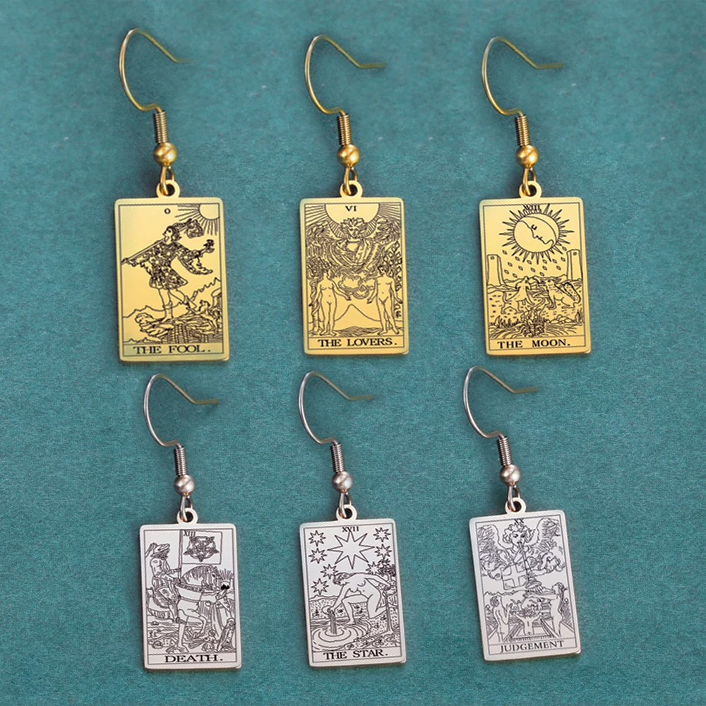 Classic Tarot Cards Stainless Steel Drop Earring for Women Sun Moon Star Lovers Divination Tarot Jewelry Valentines Day Gift