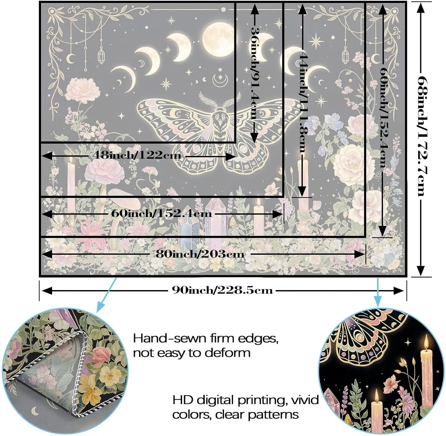 Butterfly Tapestry Wall Hanging Moon Phases Floral Candle Crystal Black and Pink Tapestries for Bedroom Aesthetic Wallpaper view 5