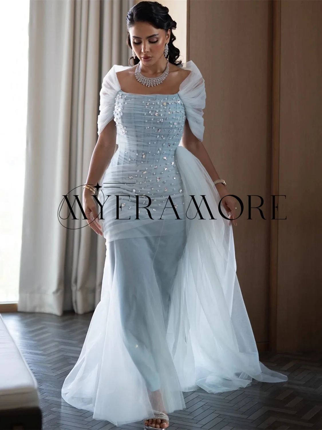 فساتين سهرة فاخرة مكشوفة الكتف من التول مطرز بحورية البحر فساتين رسمية للحفلات الراقصة مخصصة رداء السهرة