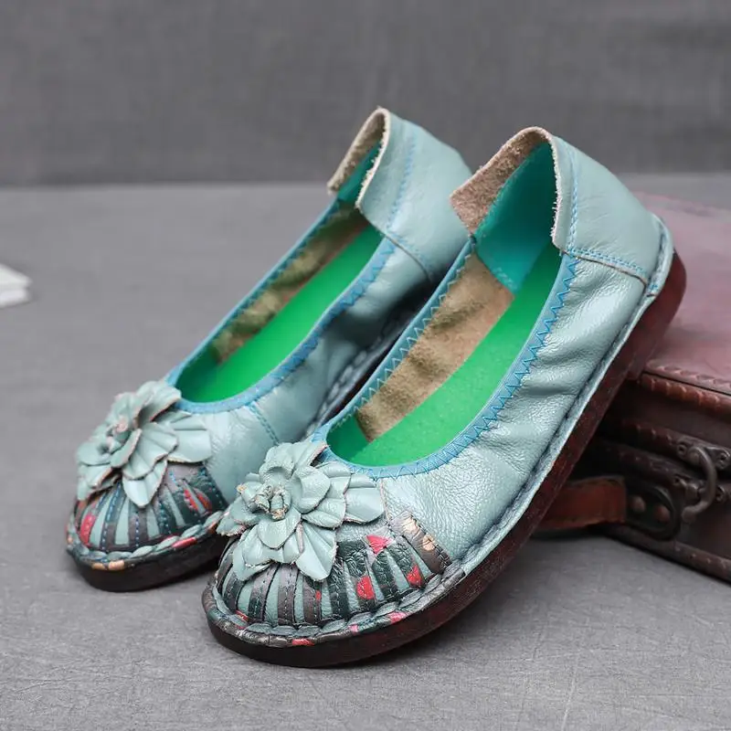 Retro Flroal Moccasins Shoes Casual Ladies Elegant Vintage Ballet Flats Women\'s Summer Loafers Luxury Genuine Leather Flat Shoes