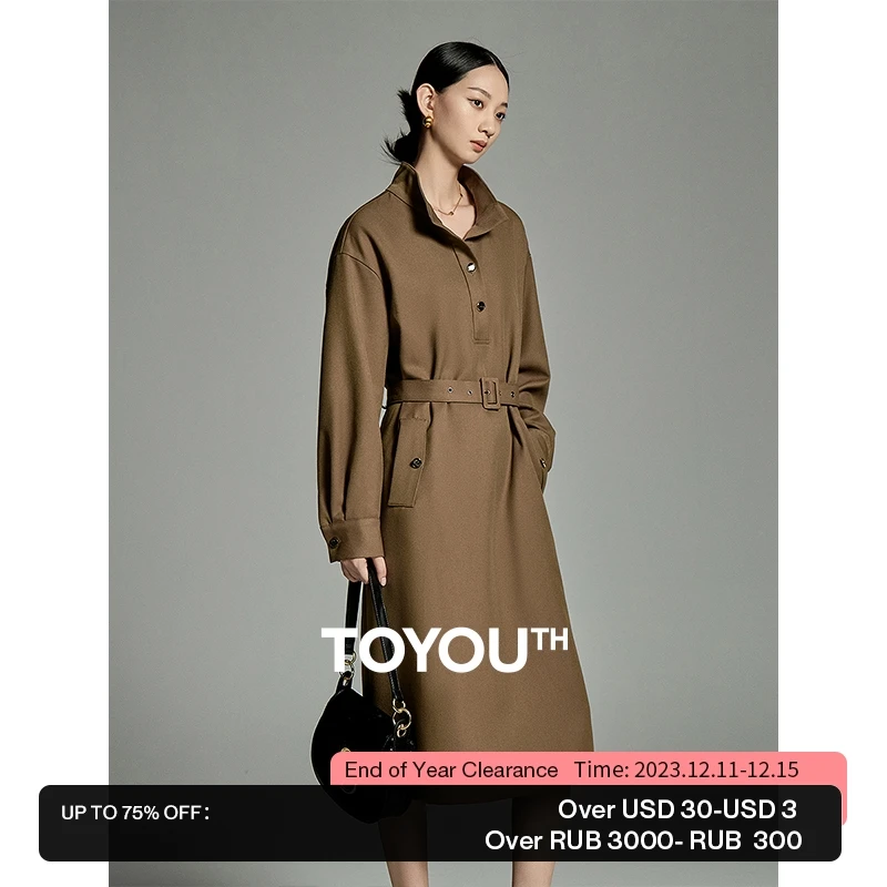 

Toyouth Women Dress 2023 Autumn Long Sleeve Stand Collar with Button A-shaped Lace Up Waist Vintage Fashion Advanced Long Skirt