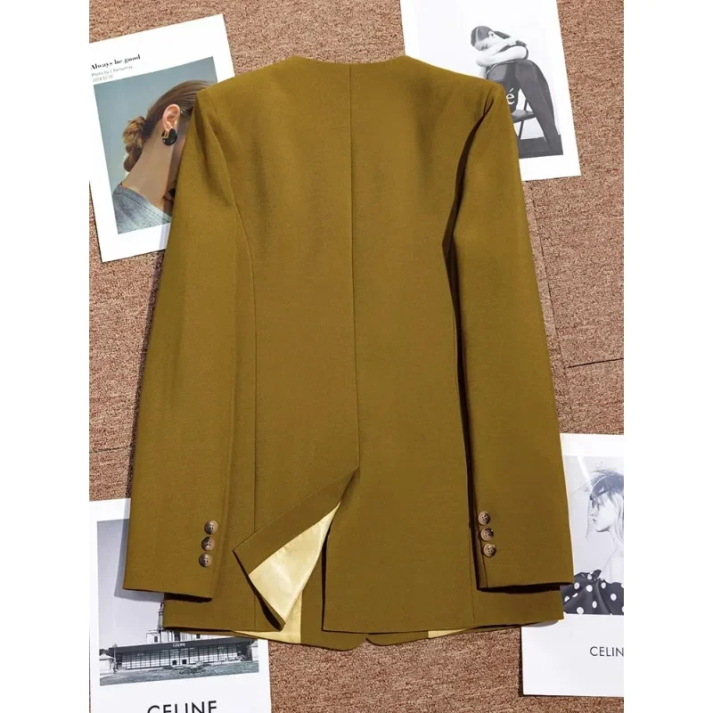 Blazer Formal wanita, jaket kerja bisnis wanita leher V lengan panjang musim gugur dan dingin, Blazer Formal wanita kuning merah muda