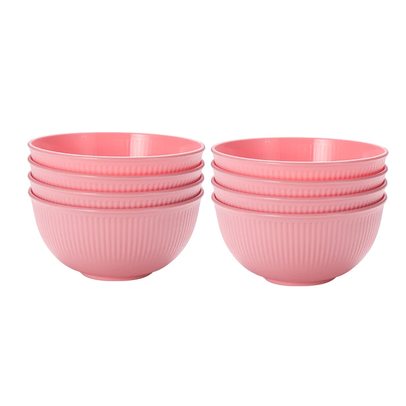 

4/8pcs Pink vertical grain bowl reusable household plastic drop resistant rice bowl outdoor camping meal bowl