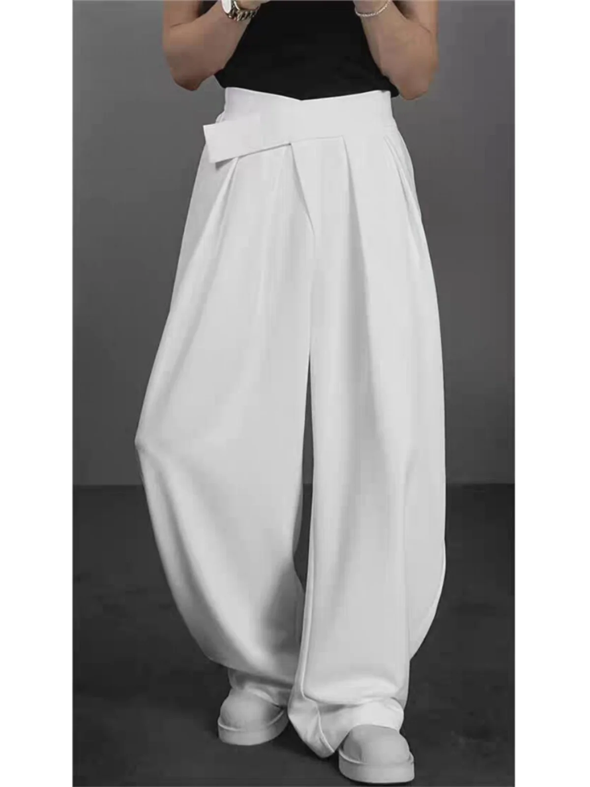 

High Waist Italian Neapolitan Men's Loose Wide Leg Pants Magic Tape Casual Trousers Paris Button Sle Youthful Spring Faion