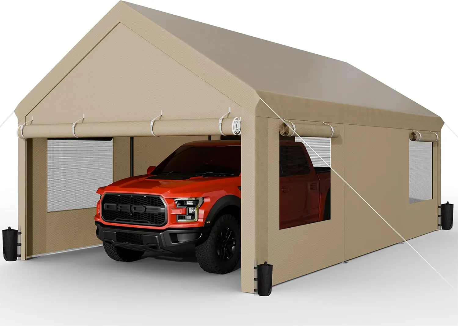 Carport, 12x20 ft Heavy Duty Carport w/Roll-up Windows, Portable Garage w/Removable Sidewalls & Doors, Car Canopy with Sandbags