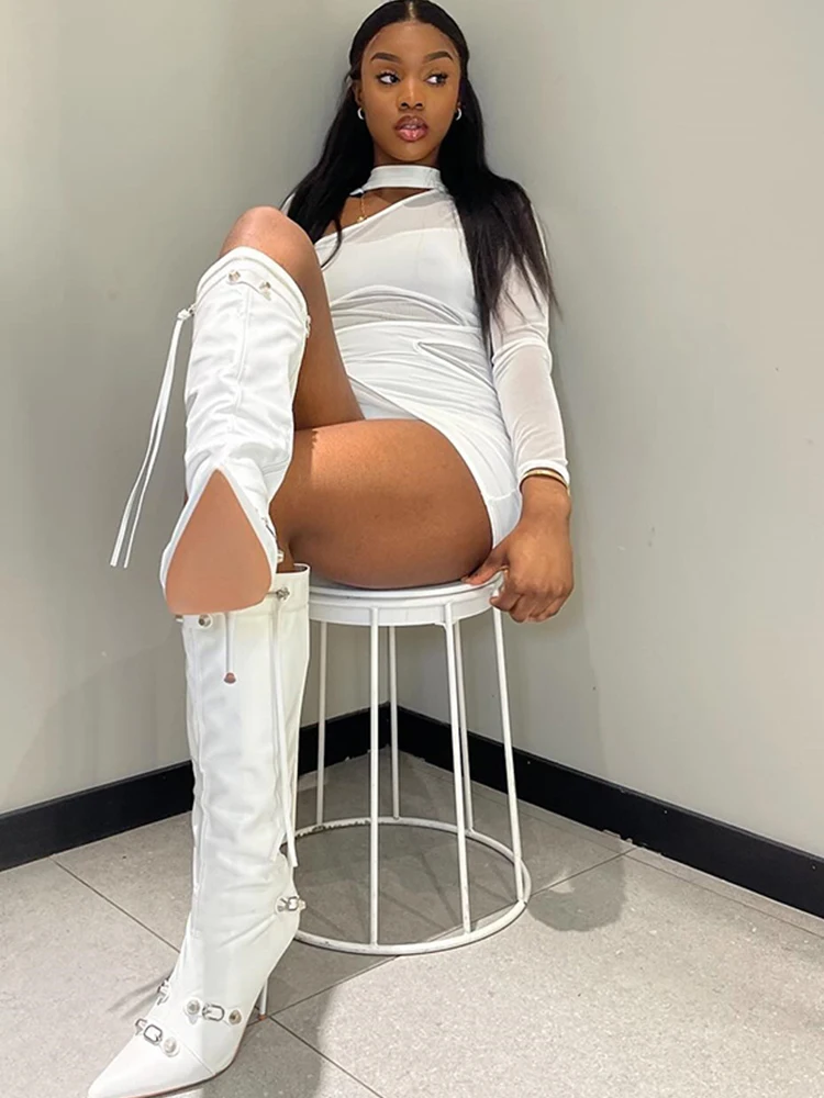 Strano Puss Abito sexy in rete Donna Y2K Patchwork Hollow Solid Zip Tendenza estiva Skinny Elegante Hipster Stretch Bodycon Clubwear