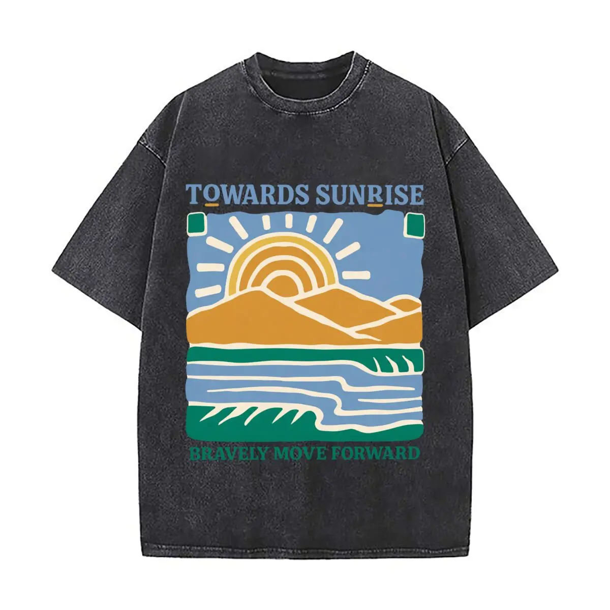 Towards Sunrise Bravely Move Forward Mountain Landscape Washed Distressed Loose Streetwear Tops for City Walks