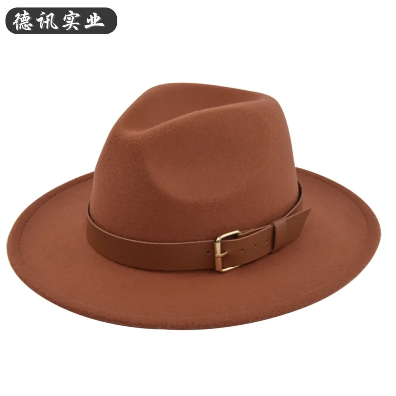 New Wide Brown Woolen Bowler Belt Buckle Fedora Retro Black Wool Cap Flat Brim Broad-Brimmed Hat