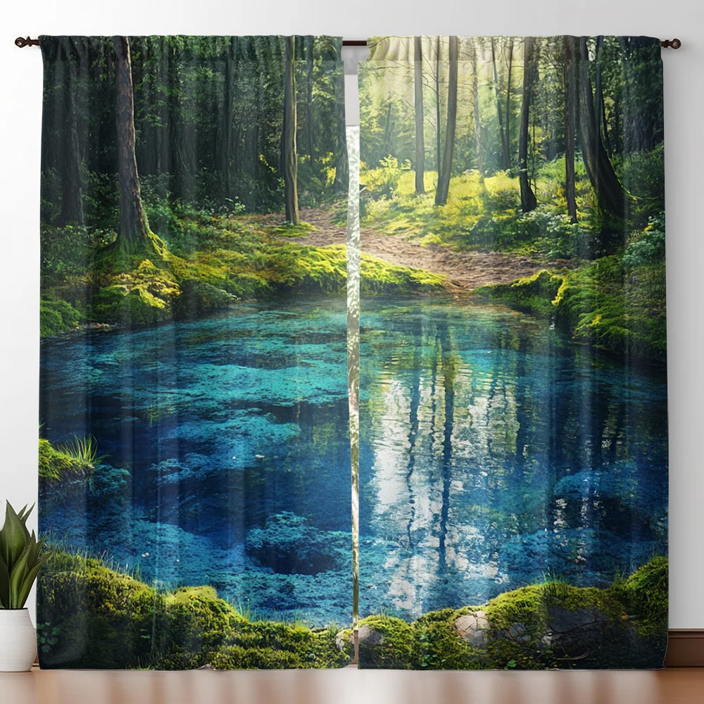 Serene Forest Lake Curtains Set of 2 – Crystal Blue Water, Mossy Banks & Sunlight Rays, Rod Pocket Light Filtering Drapes