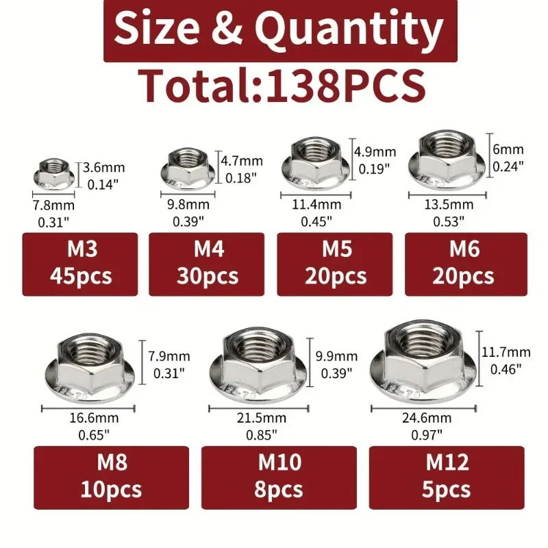 138pcs Flange Nuts Insert Hex Lock Nut Assortment Kit 304 Stainless Steel Serrated Metric Hexagon Nuts M3 M4 M5 M6 M8 M10 M12