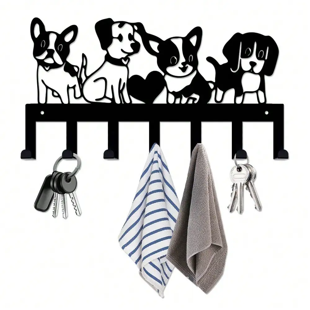 CIFBUY 7 Hook Wrought Iron Key Rack Paw Print Puppy Design Powder Coated Metal Wall Mounted Organizer Entryway Home Decor