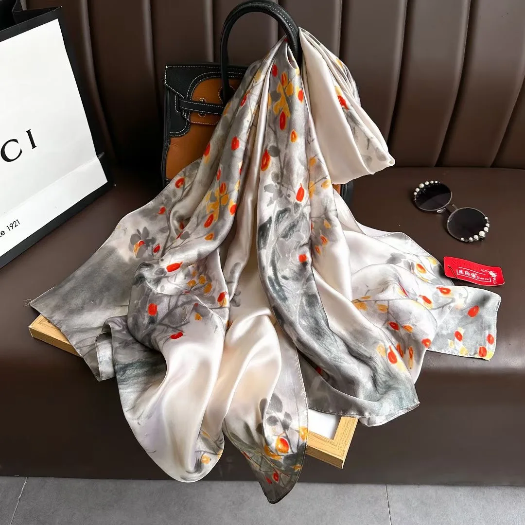 2023 Luxury Satin Print Bandannas Fashion Long 180X90CM Beach Towel Four Seasons Popular Shawls Europe And America Silk Scarves