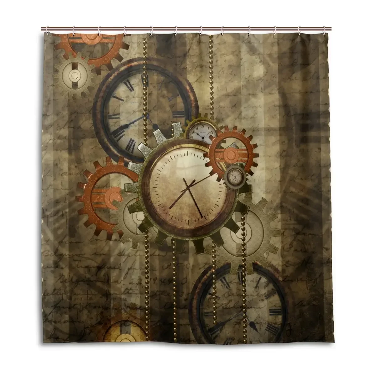 Retro Steampunk Clocks and Gears Shower Curtain Mechanical Clocks Details Over Old Metal Cloth Fabric Bathroom Curtain Set,hooks