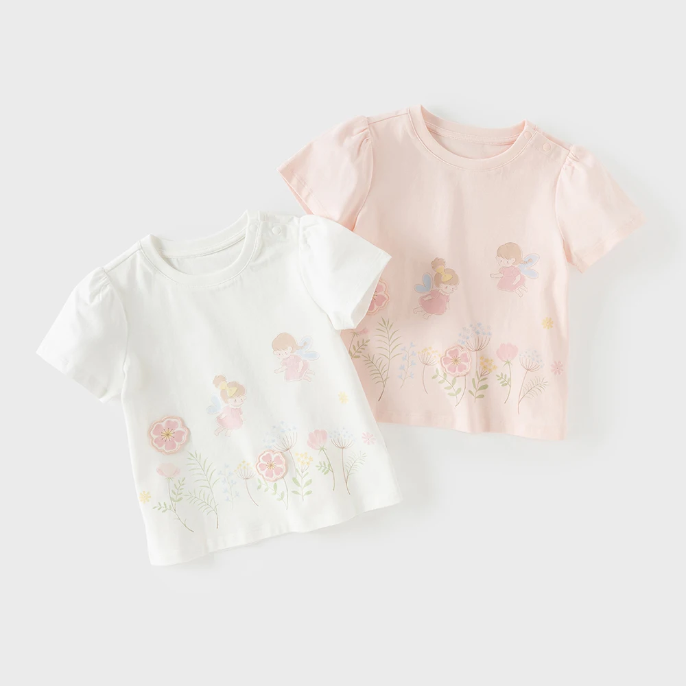 Dave Bella Girl Summer T-shirts Kids Embroidery 1-7 Years Tees Children Short Sleeve Cotton Tops Outdoor Clothes DB2261260
