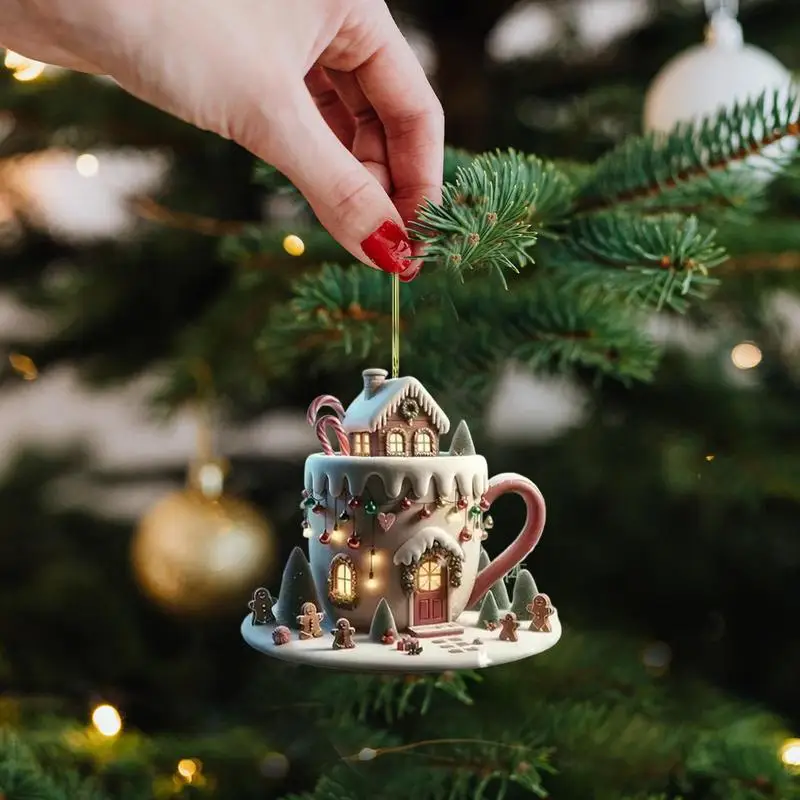 Christmas Coffee House Pendant Acrylic Tea Cup Snow House Christmas Tree Ornament Christmas Home Decorations New Year Gift 2025