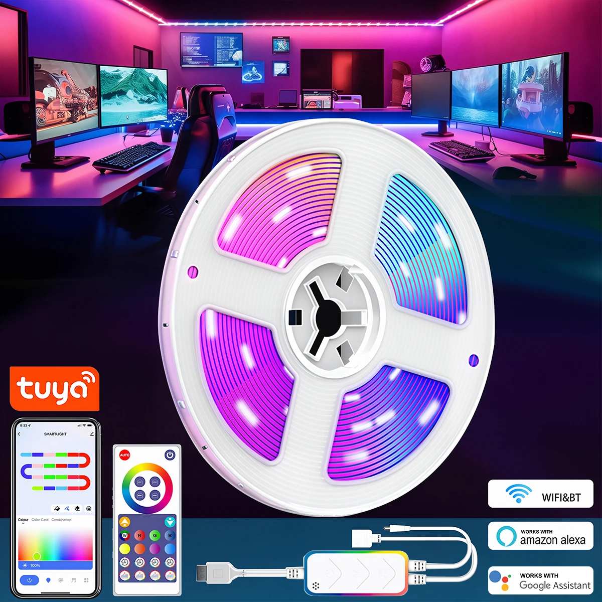 Fita de LED RGBIC Tuya WiFi com Controle por Aplicativo Bluetooth, 1-5M, DC 5V, USB, Fita de LED Inteligente para Sala de Estar, Decoração de Casa, Lâmpada de Ambiente