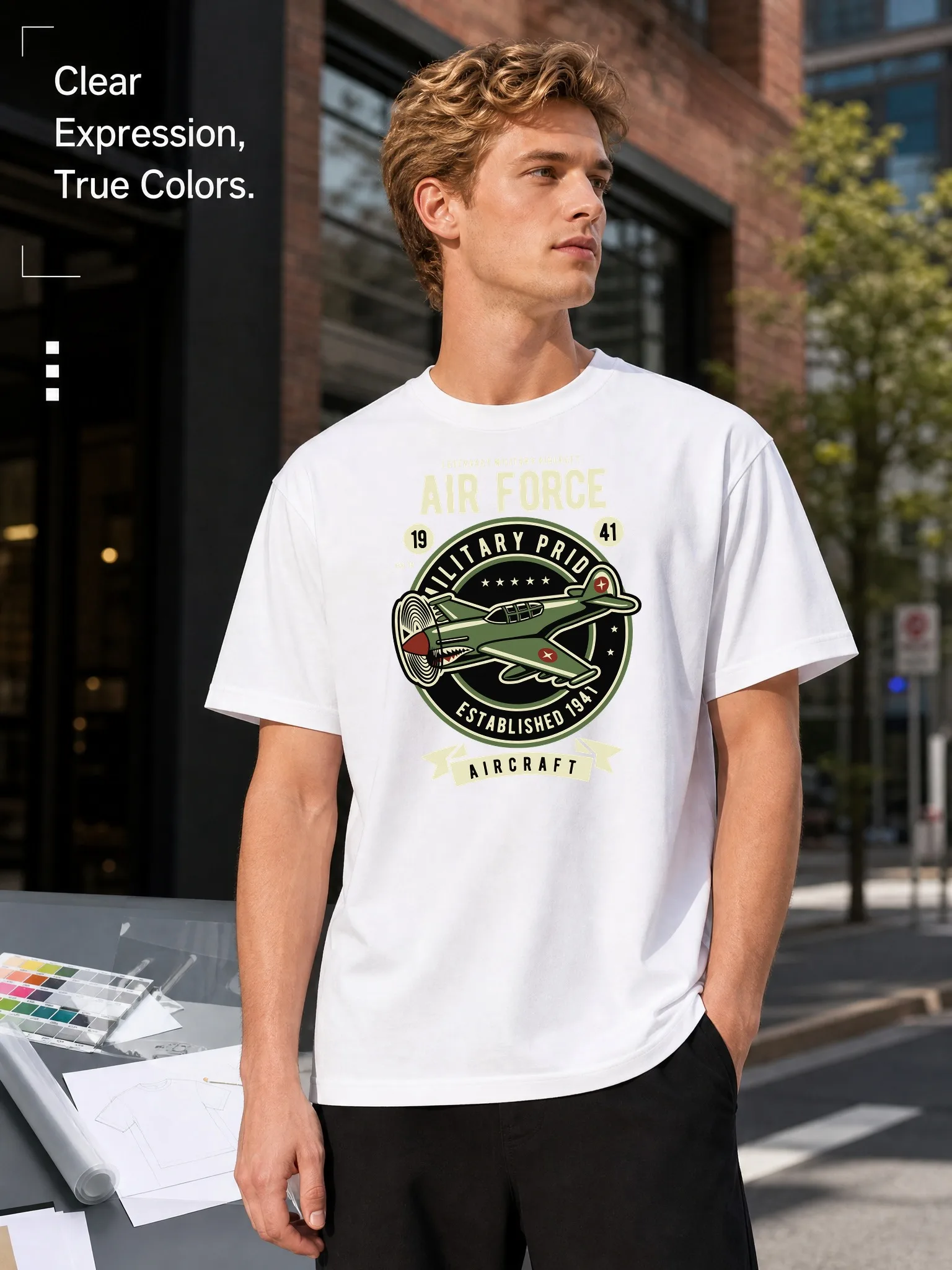 Men's White Loose-Fitting Round-Neck Short-Sleeved T-Shirt, Air Force Airplane Print Casual Top, American Retro Style, Everyday Street Fashion, Versatile, Breathable and Comfortable