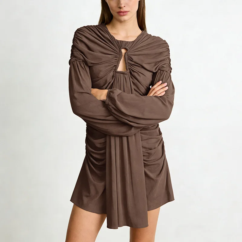 カットアウトシャーリングミニドレス女性用春夏長袖ハイストリートシックリボンファッションローブレディエレガントショートドレス