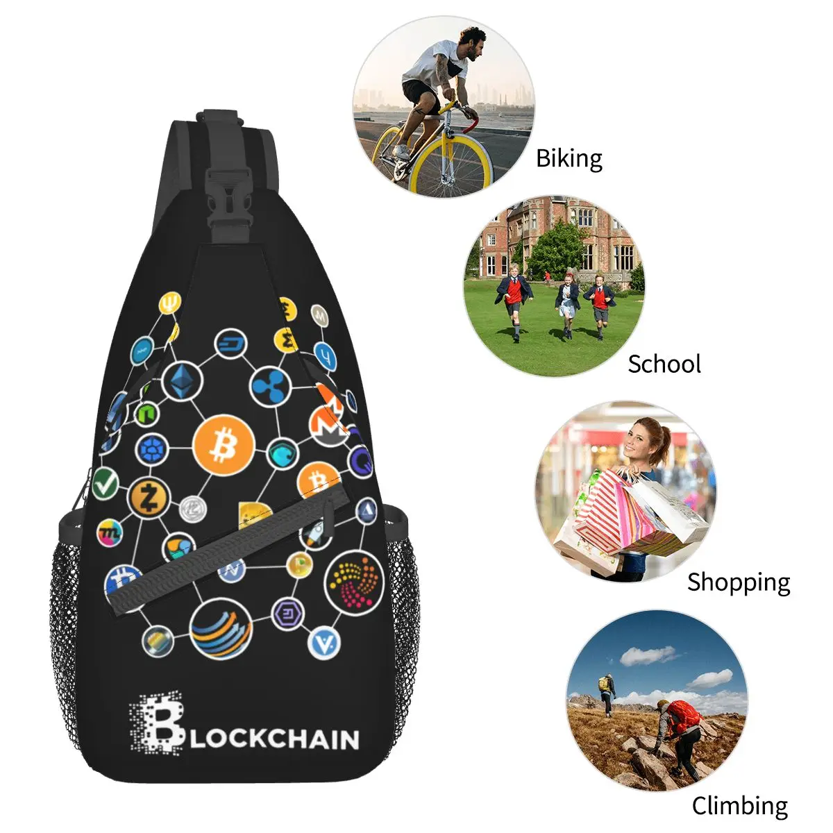 Blockchain BitCoin Ethereum Crossbody Sling Bag Casual Chest Bag Dogecoin Btc Shoulder Backpack Daypack Travel Hiking Cycling