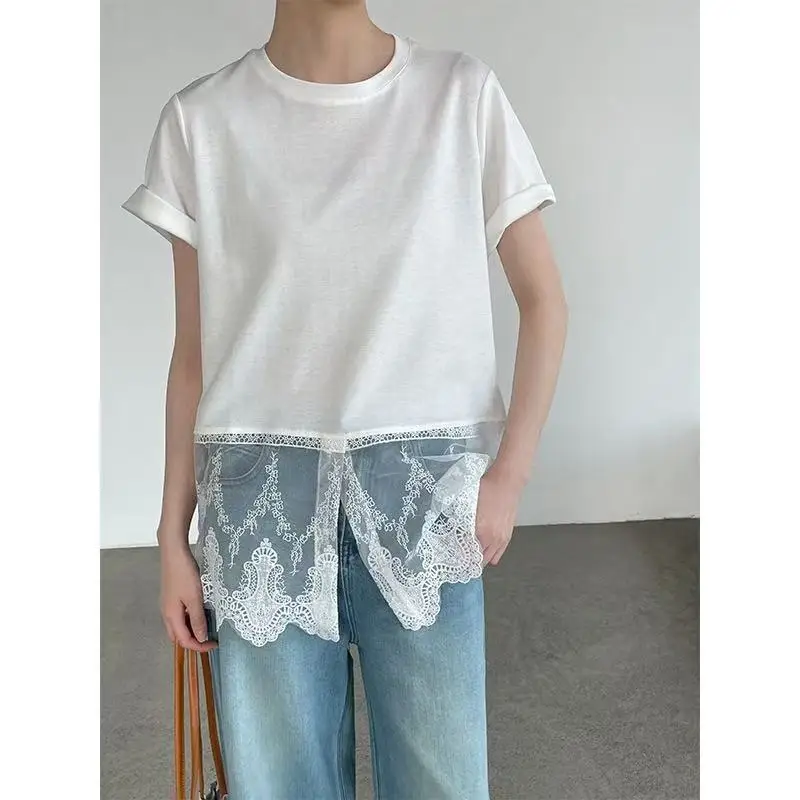 

Japanese Design Lace Patchwork Slit Short-sleeve Top For Women, 2026 Summer New Versatile T-shirt