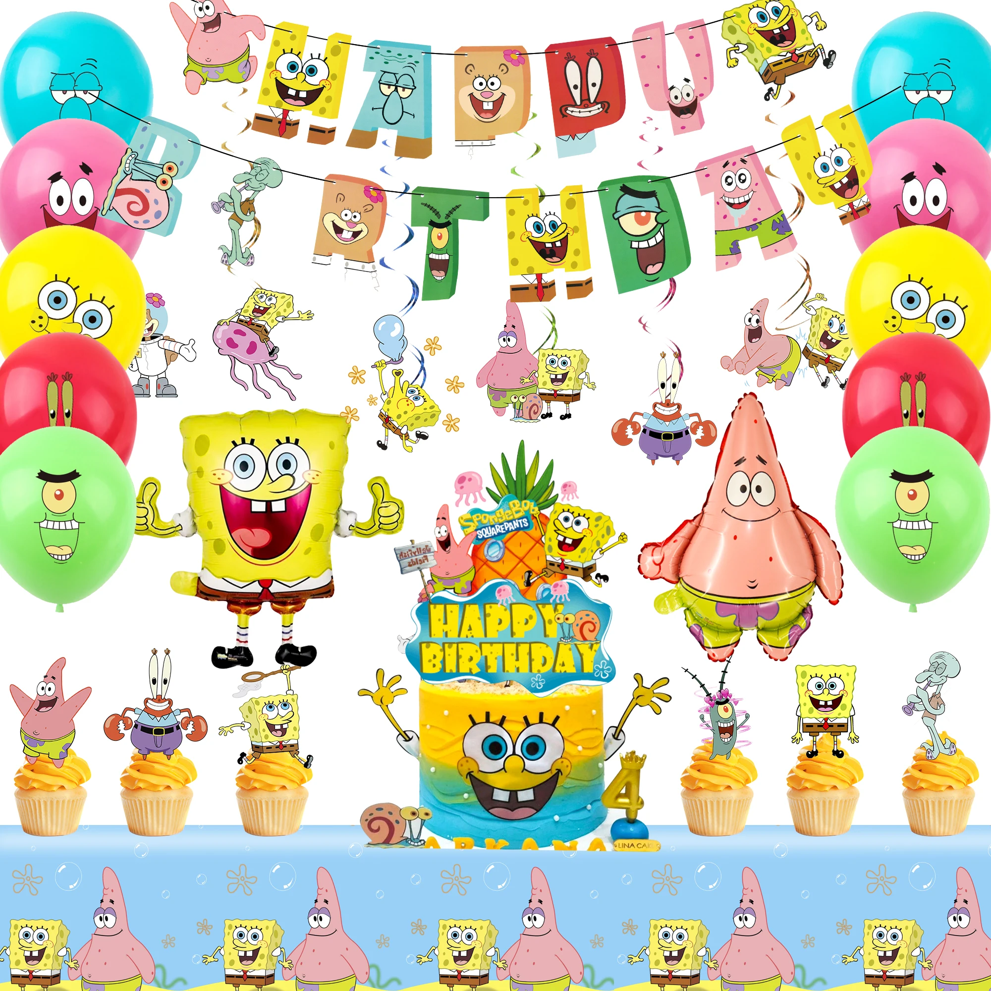 38-teiliges SpongeBob-Party-Dekorationsset – SpongeBob-Geburtstagsbanner, Tischdecke, Spiraldekorationen & SpongeBob-Luftballons, Kuchenaufsätze usw. SpongeBob-Geburtstagsparty-Zubehör