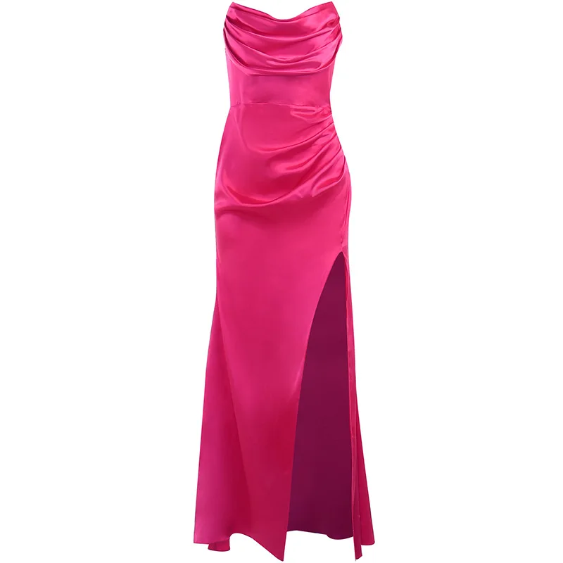 Schulter freies Kleid für Damen, Satin Split, Sexy Bodycon, Ruched, Abend, Geburtstags feier, träger loses Maxi kleid, Sommer