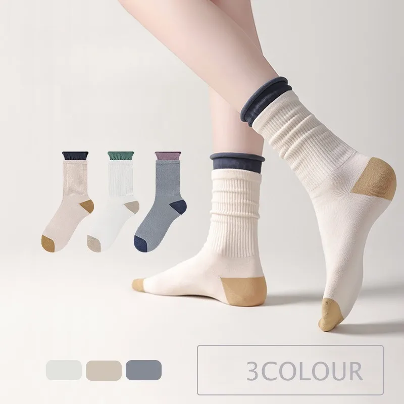 ถุงเท้าผ้าฝ้าย 3 คู่ สำหรับฤดูใบไม้ร่วงและฤดูหนาว ถุงเท้าแฟชั่นสำหรับเด็กผู้หญิงและผู้หญิง ถุงเท้ากันลื่น ชุดถุงเท้าลำลอง ถุงเท้าผู้หญิงอุ่นสบาย คุณภาพสูง